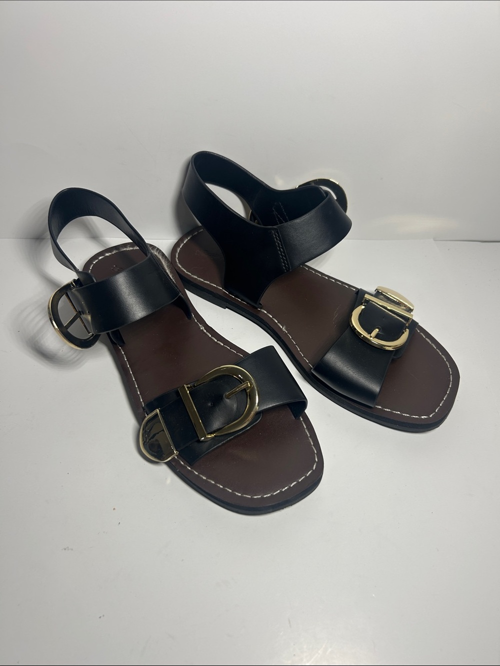 Universal Thread Black and Brown Sandal with Gold Buckles